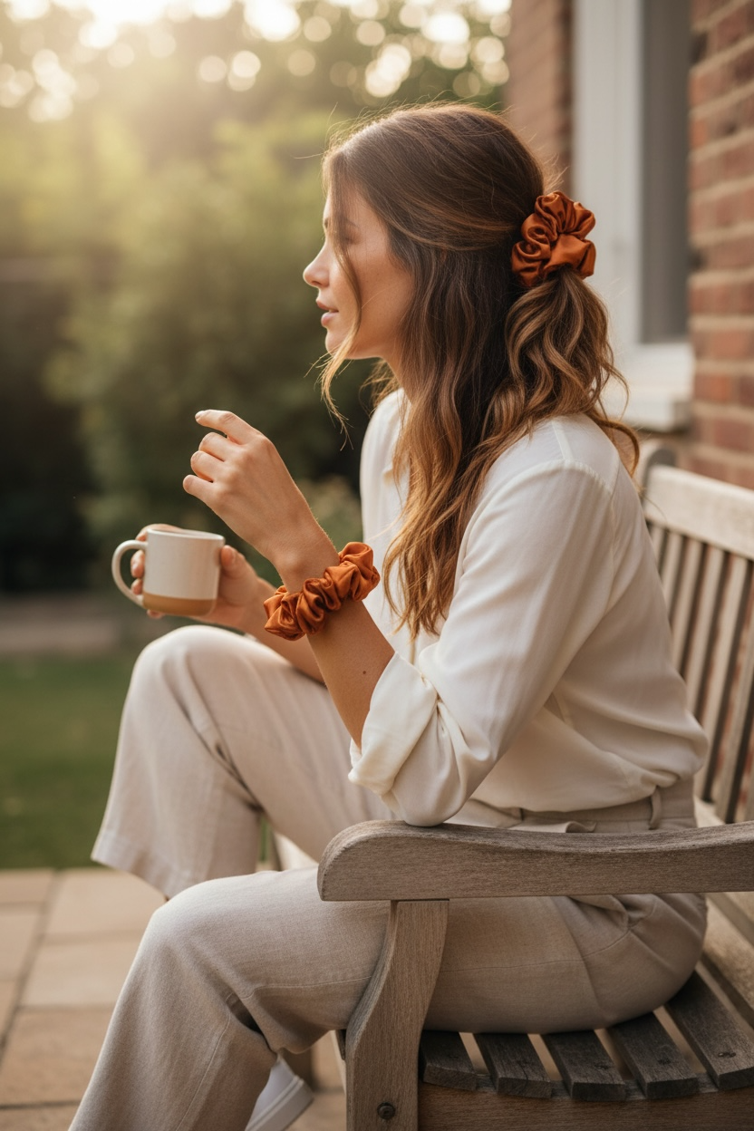 (Pack of 2) Premium Handmade Fluffy Satin Silk Luxe Scrunchie - Burnt Orange