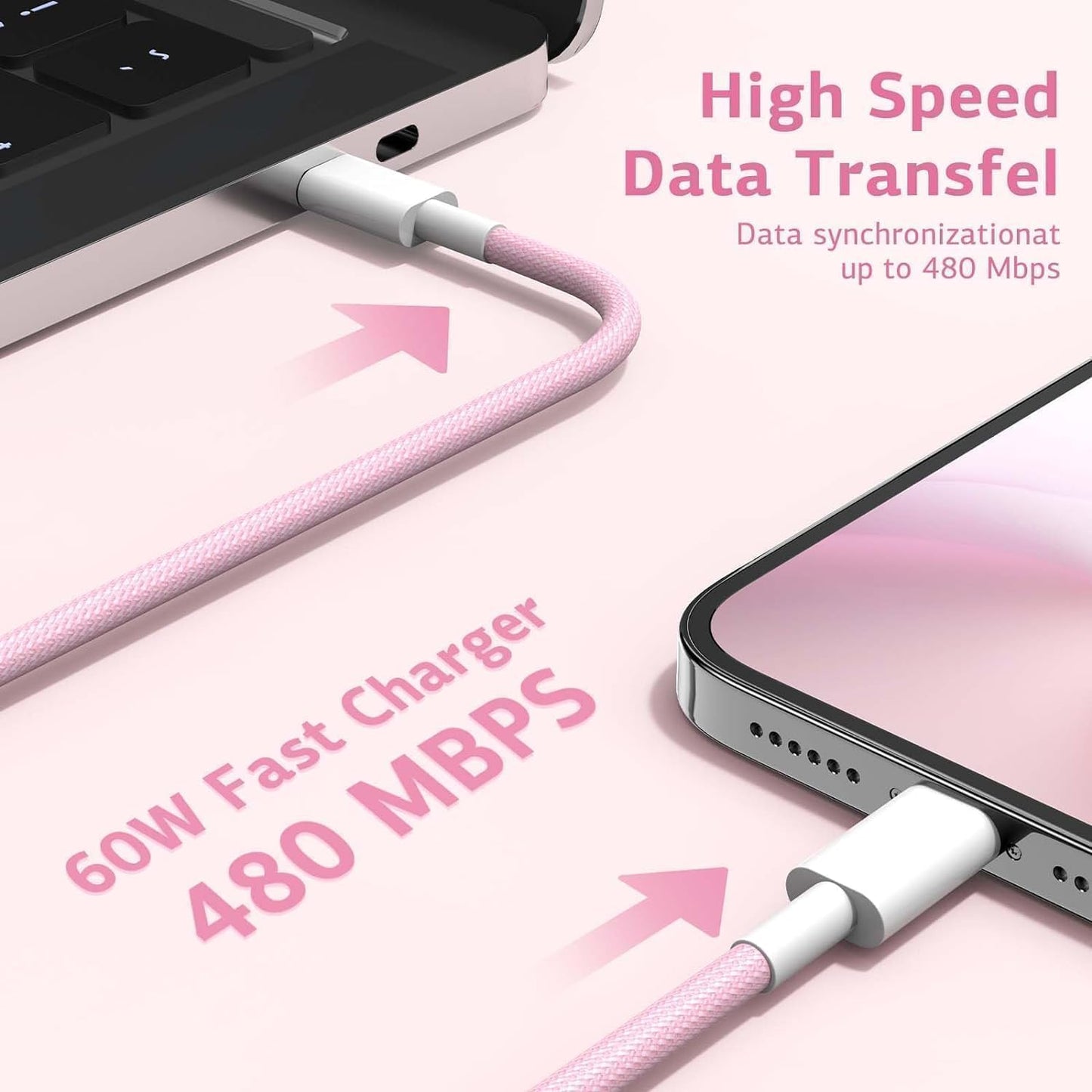 Premium 60W USB C to USB C Cable 1M USBC to USBC PD Fast Charging Type C Charger Cable – Compatible with iPhone 16/15/Pro/Pro Max/Plus, MacBook Air 13 inch/iPad Pro/Air, Samsung Galaxy S24 S23