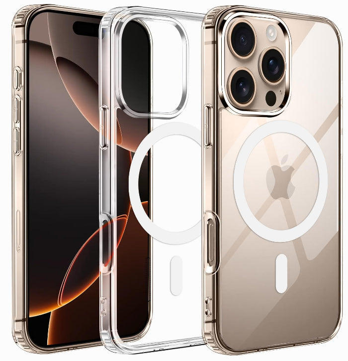 Clear phone case with Apple logo on a reflective surface